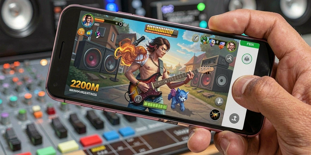 Tampilan gameplay D200M yang menarik dan interaktif dalam permainan musik.