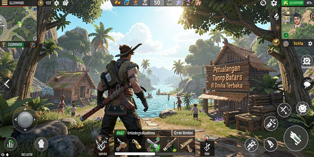 Screenshot gameplay GLOWIN88 menampilkan eksplorasi dunia terbuka yang menakjubkan.