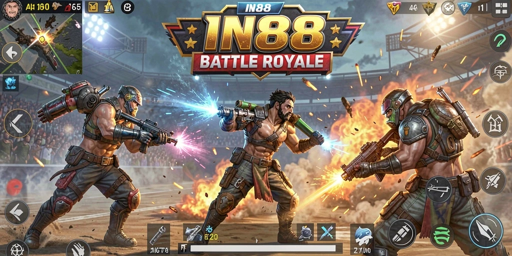 Tampilan gameplay IN88 menunjukkan aksi pertempuran Battle Royale yang intens.
